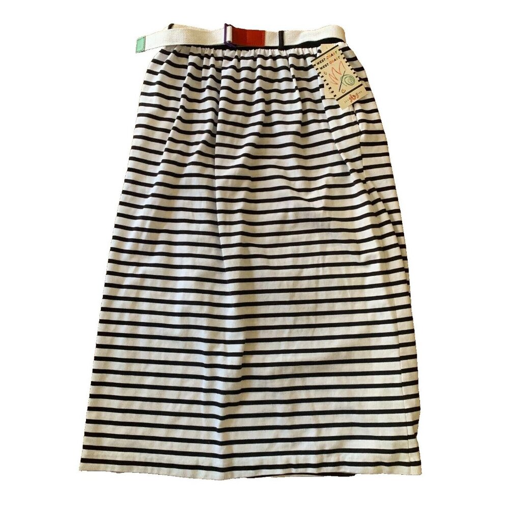 NEW Vintage Justin B Jones Skirt Blue White Stripe Belted Dress Long USA Large